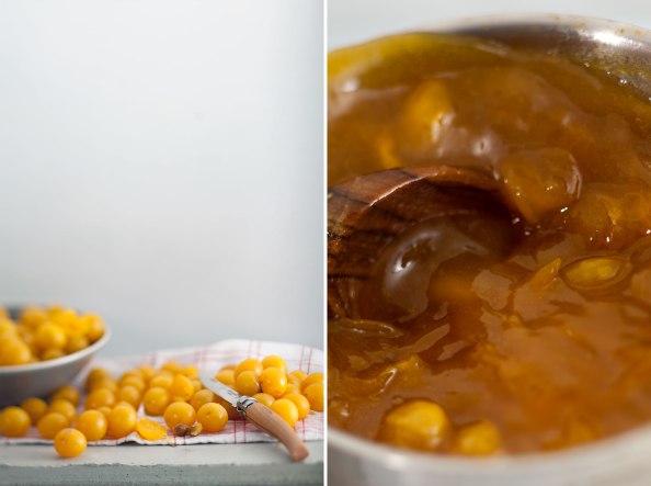 Mirabellen mit Messer, Marmelade im Topf